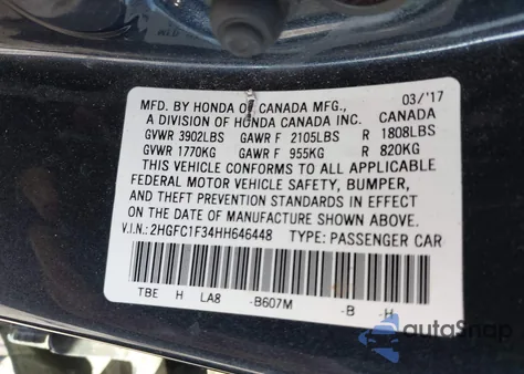 2017 Honda Civic Ex-T z USA, uszkodzony, nr VIN 2HGFC1F34HH646448